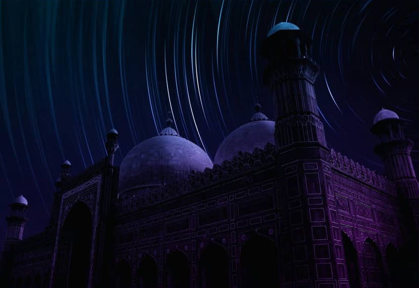 Mosque domes under a starry night sky