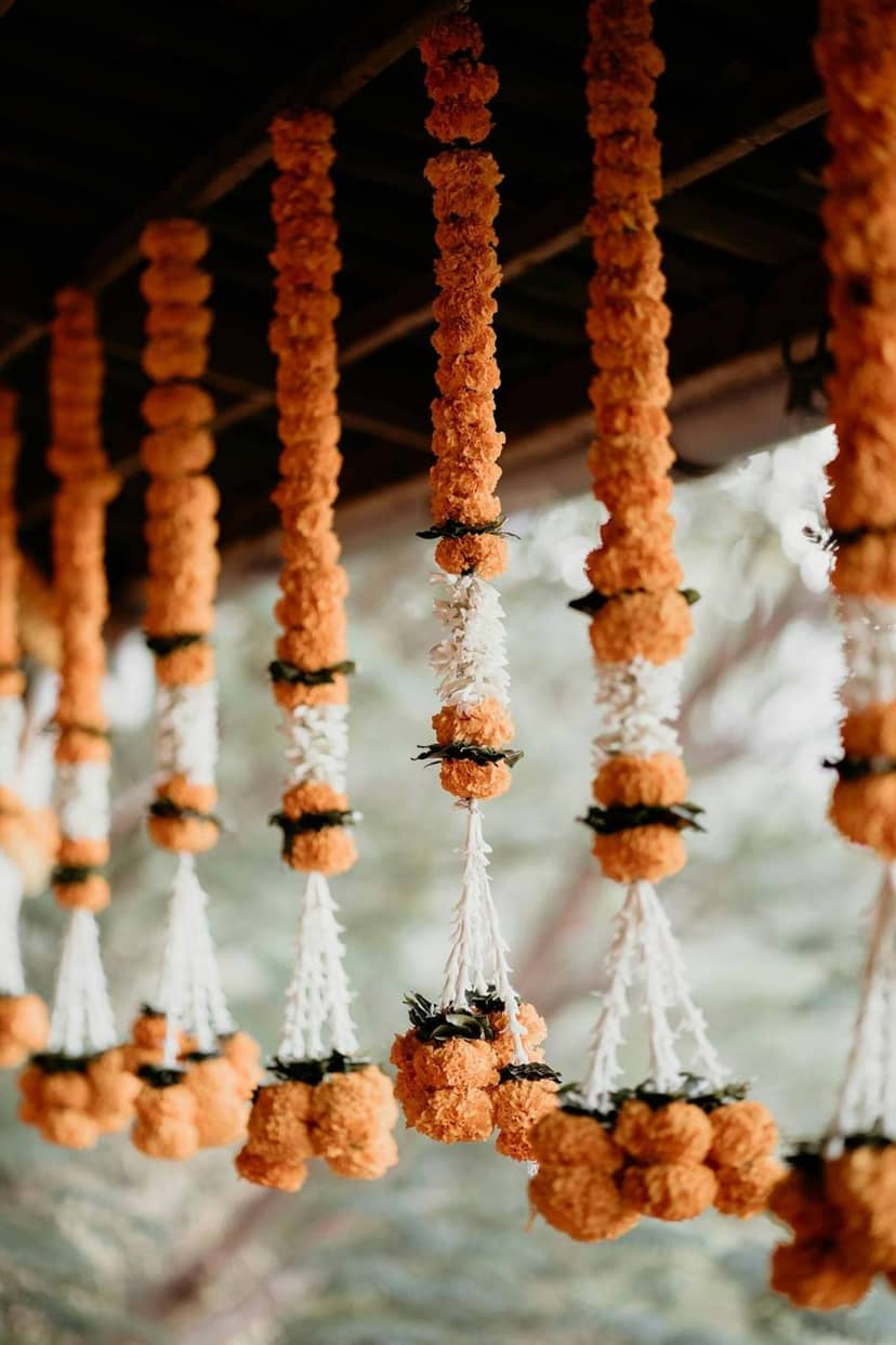 Hanging marigold and jasmine garlands