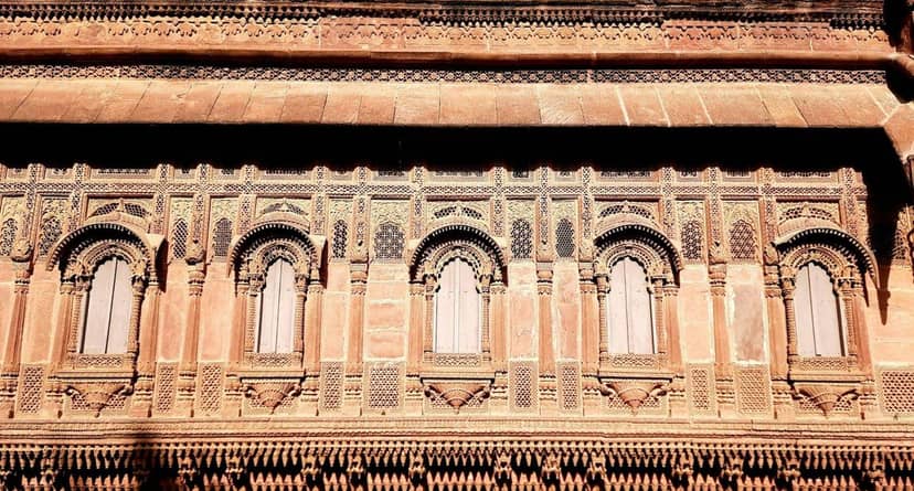 Red sandstone haveli facade